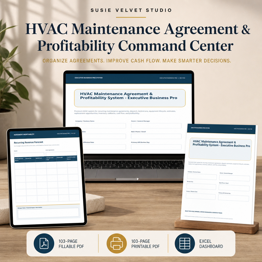 HVAC maintenance agreement system with fillable PDF, printable PDF, and Excel dashboard