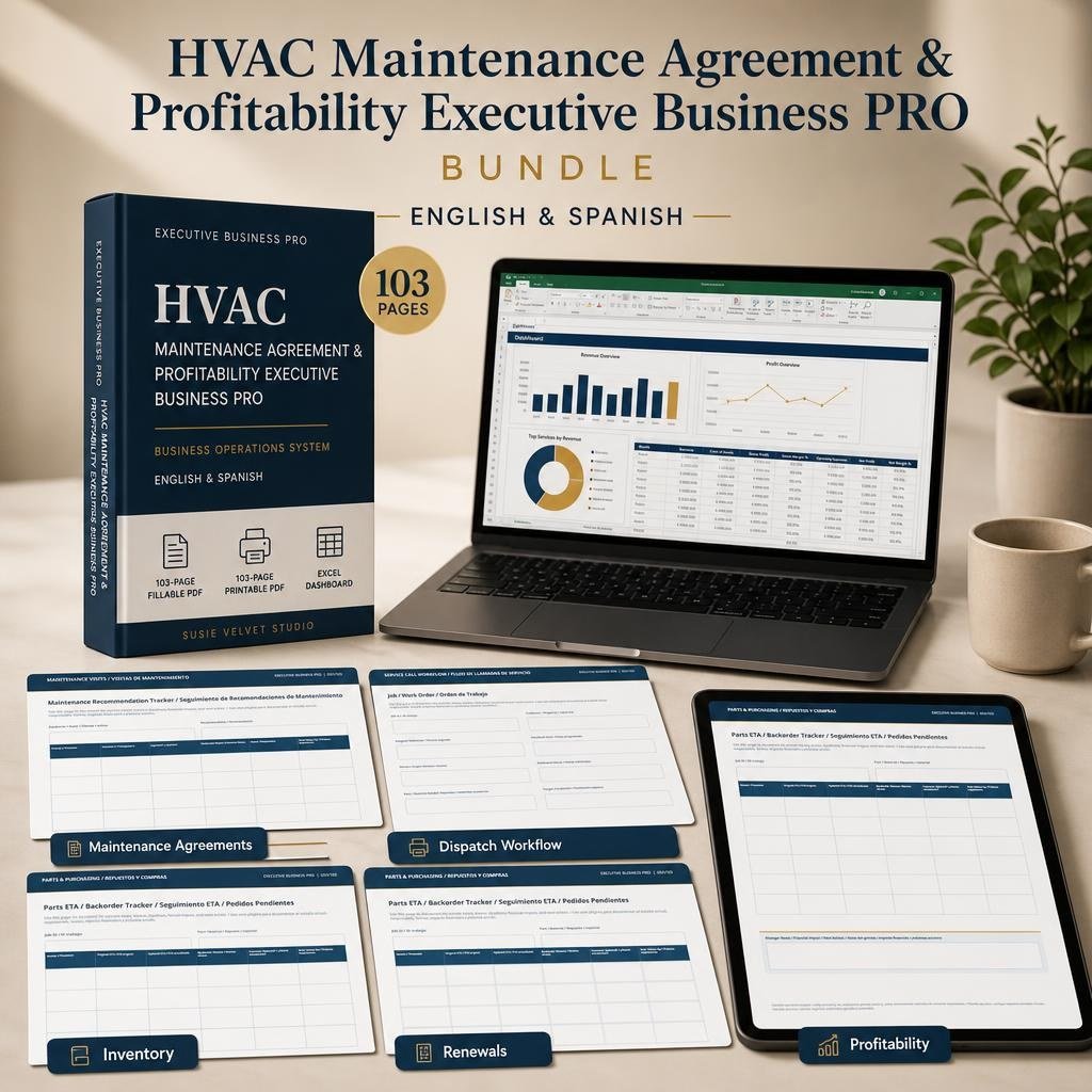 HVAC maintenance agreement profitability bundle with fillable PDF, printable PDF, and Excel dashboard