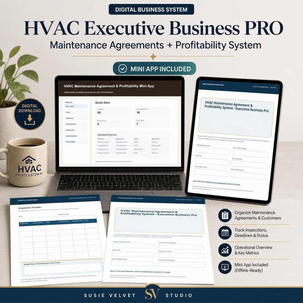 HVAC service business organizer for operational and profitability-related data