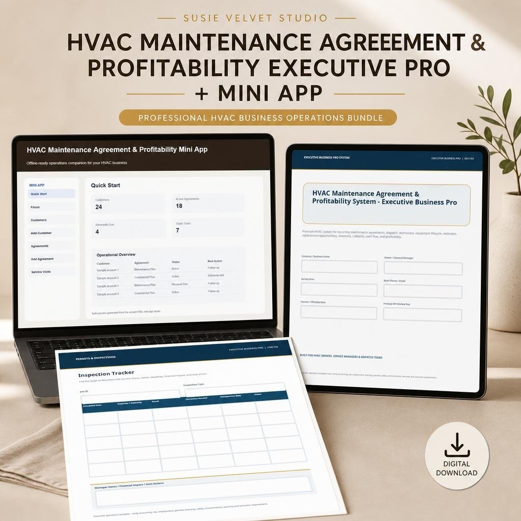 HVAC service business organizer for operational and profitability-related data