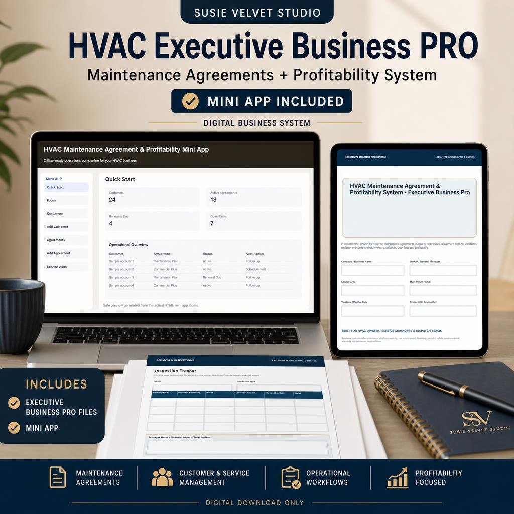 HVAC service business organizer for operational and profitability-related data