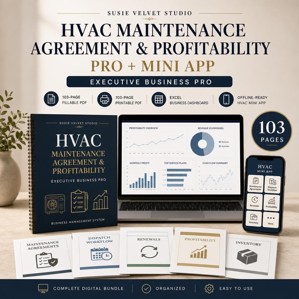 HVAC maintenance agreement system bundle with fillable PDF, printable PDF, Excel dashboard, and Mini App