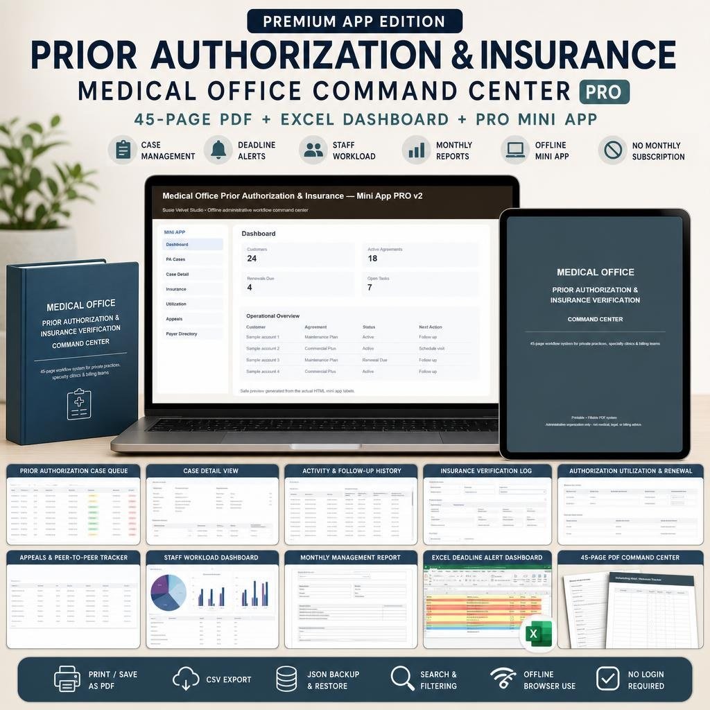 Medical office prior authorization tracker command center dashboard