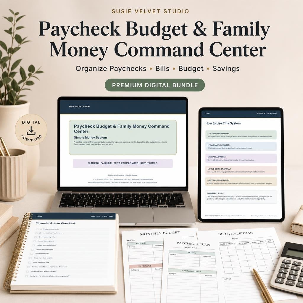 Paycheck budget planner and family money command center digital bundle