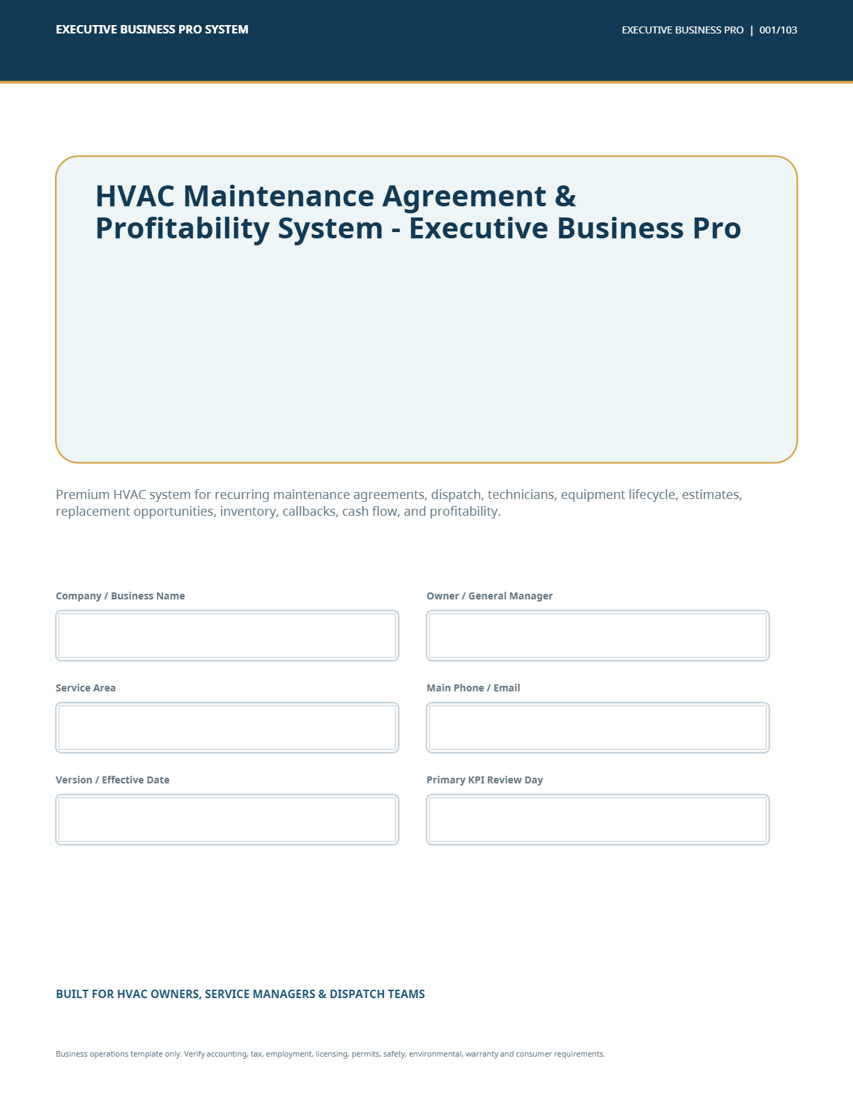 HVAC maintenance agreement and profitability digital business bundle